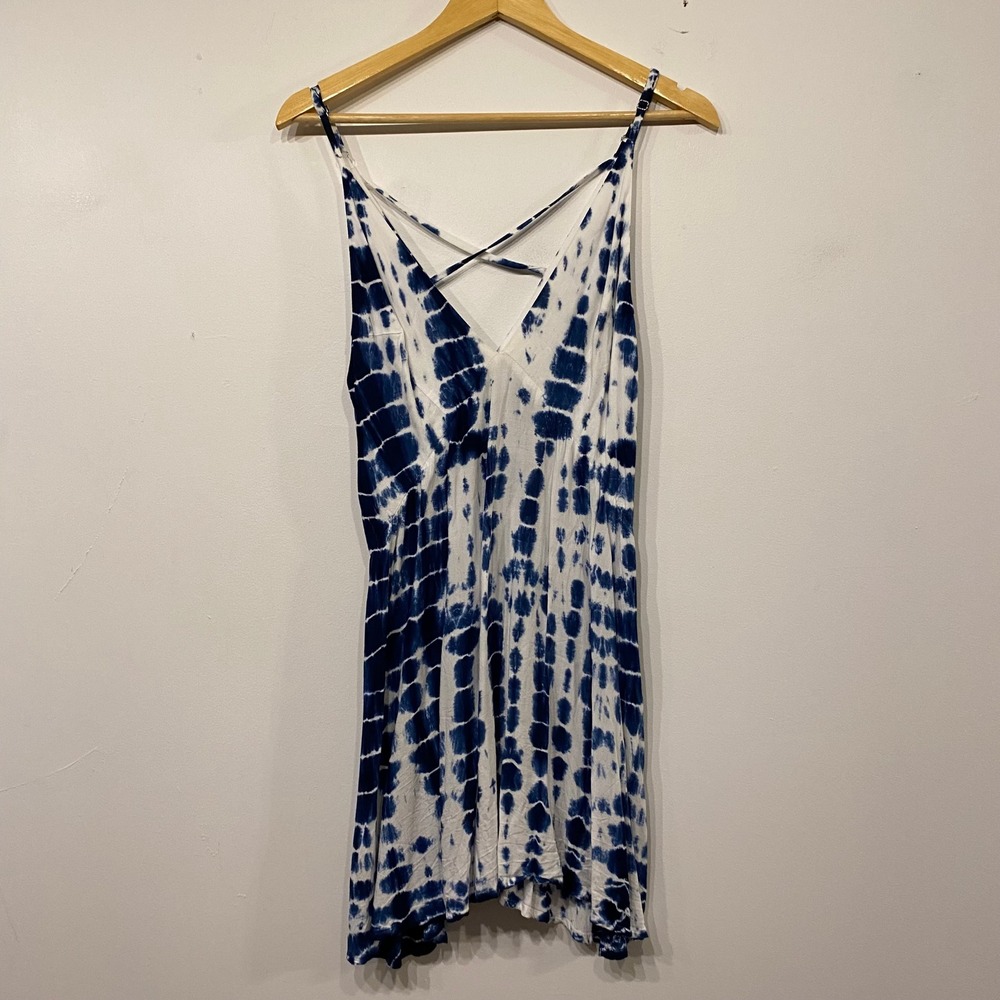 Blue White Tie Dye V-Neck Cross Back Mini Dress One Size Fits Small